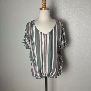 GIRLS Sz 18/20 Rayon Gray Pink Striped blouse w/ metallic gold hem ring